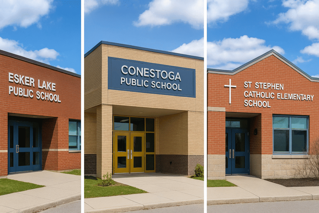 Front entrances of Esker Lake Public School, Conestoga Public School, and St. Stephen Catholic Elementary School in Brampton, showing top-rated Heart Lake neighbourhood schools for families