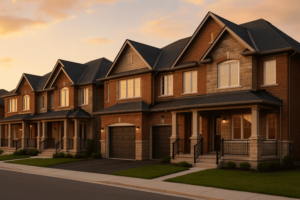 A row of brand-new Caledon-style brick and stone townhomes with driveways and landscaped yards captured during a warm sunset.