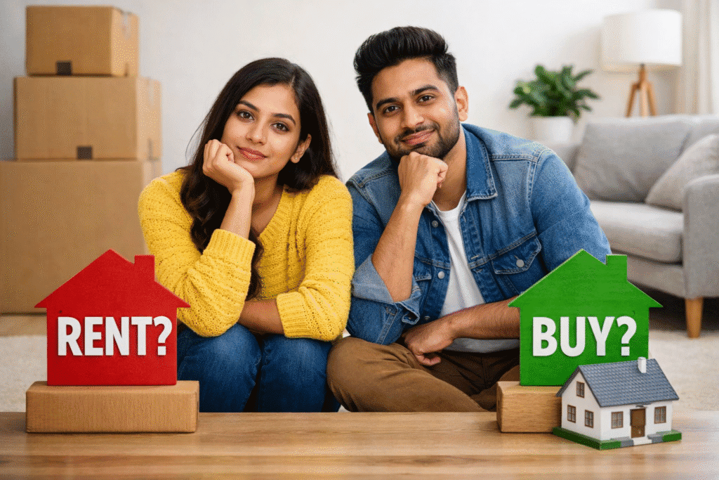 Rent vs buy comparison with a young Indian couple considering home ownership in Brampton, Ontario