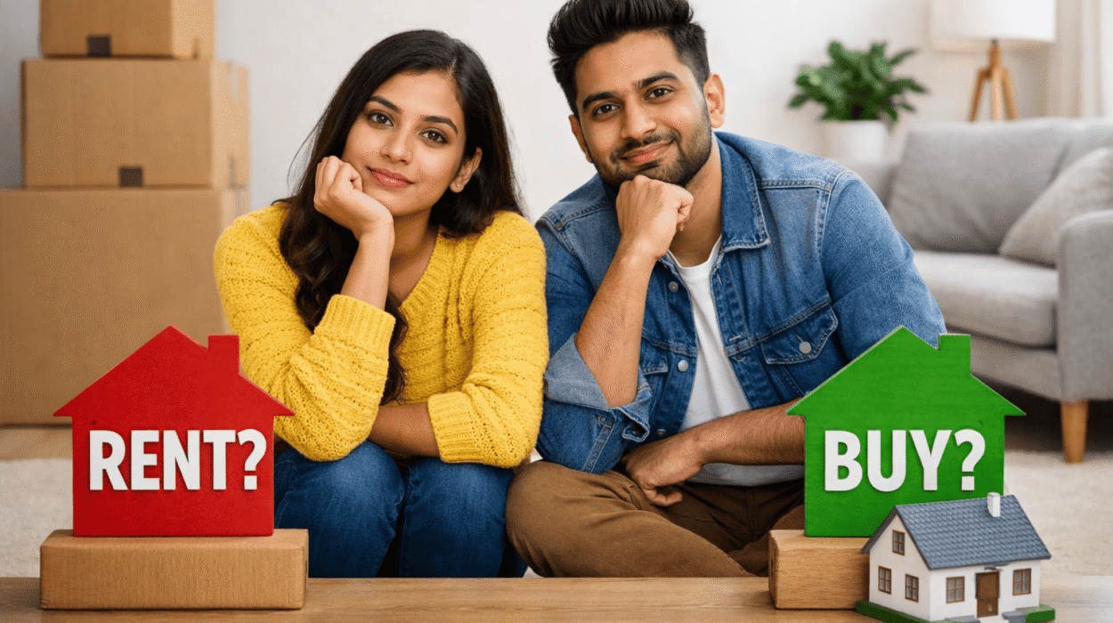 Rent vs buy comparison with a young Indian couple considering home ownership in Brampton, Ontario
